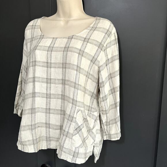 Kleen 100% Linen 3/4 Sleeve Plaid Top Boxy Cut High Low Minimalist Womens M - Picture 3 of 9